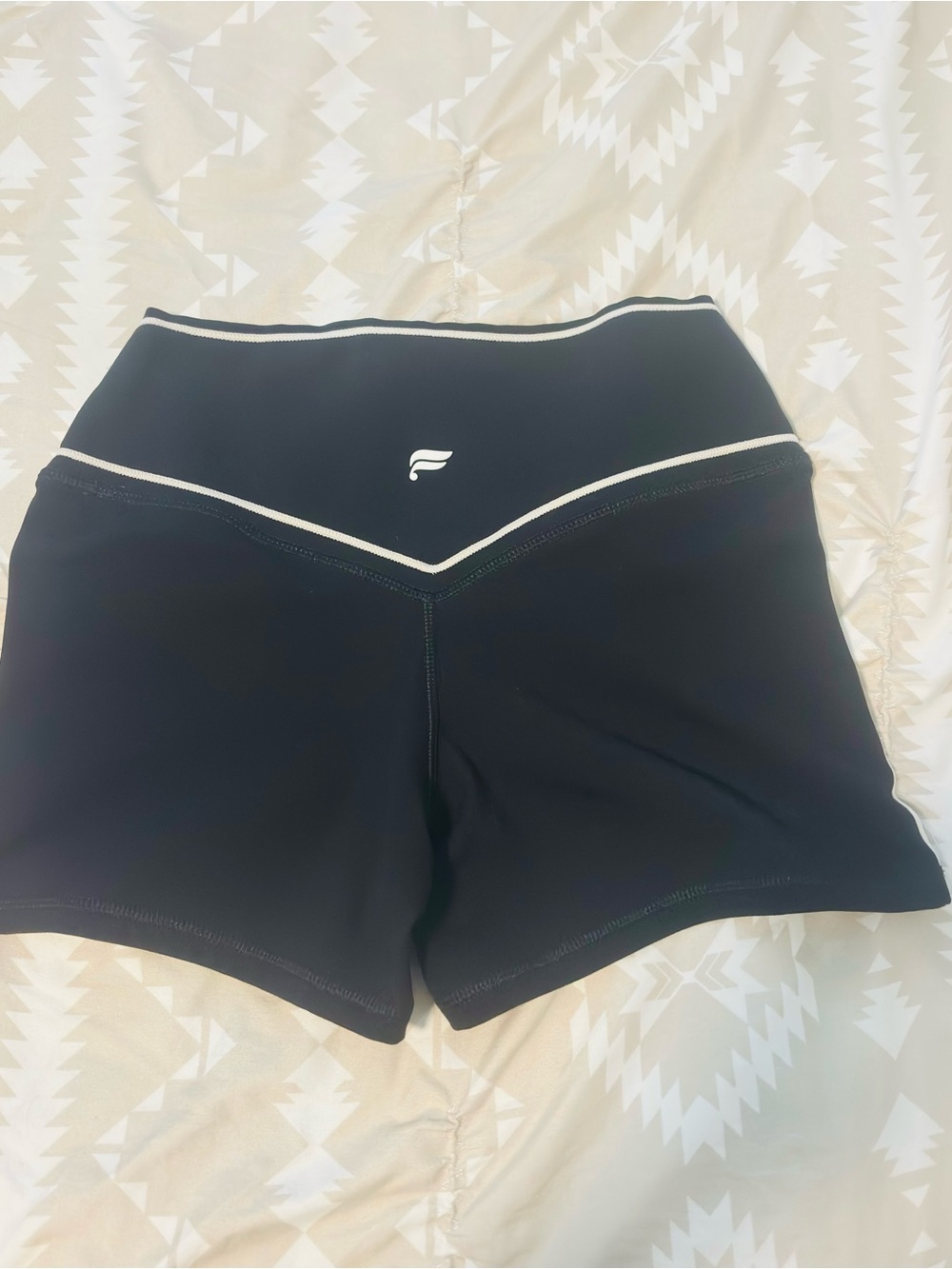 Fabletics Black High-Waist Athletic Bike Shorts with Cream Trim